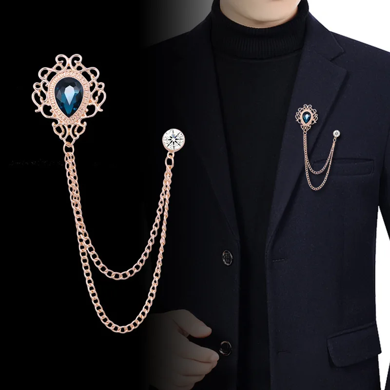 Men Accessories Chain - 新しいヴィンテージタッセルチェーンラインストーンクリスタルラペルピン - ユニセックス男性女性スーツシャツ襟ネクタイアクセサリーファッションジュエリー