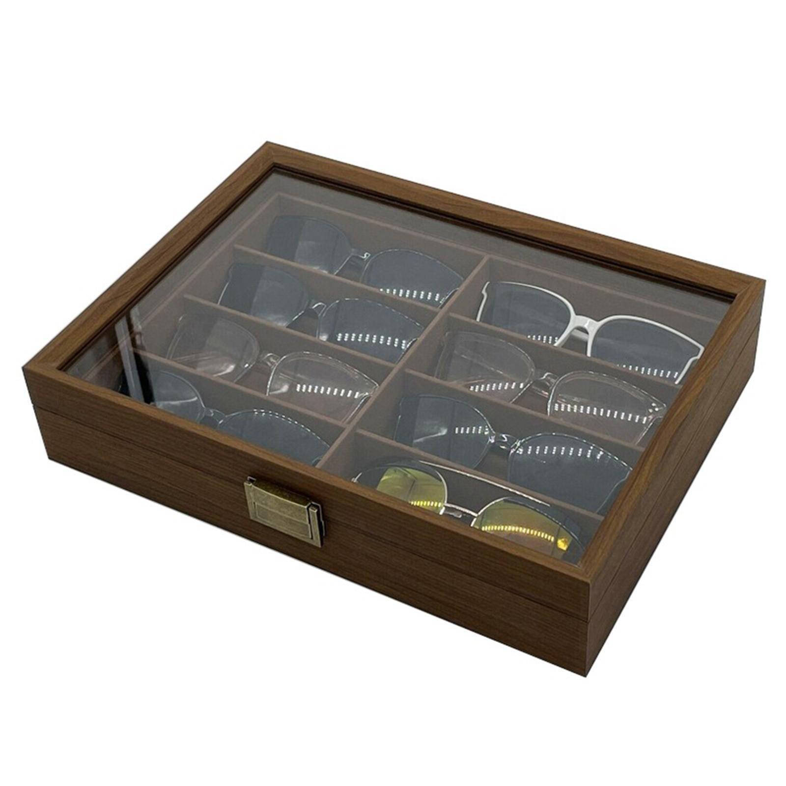 Men Accessories Drawing - 木製サングラスオーガナイザーボックス 8グリッド ラッチ付きポータブル 多用途ディスプレイ引き出し リビングルーム用 家族の装飾品コレクター向け