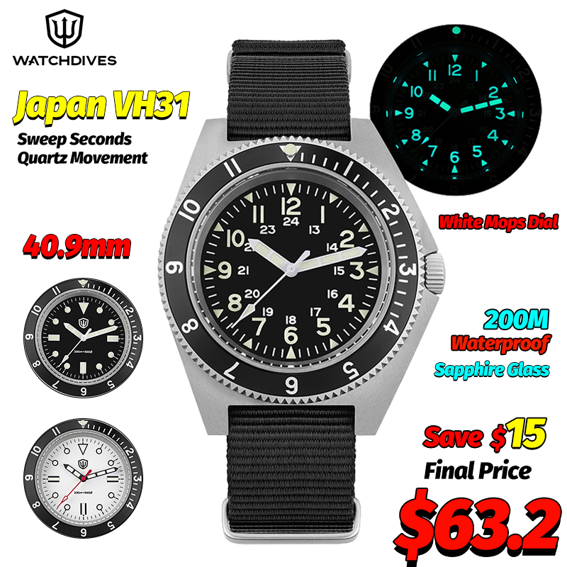 Men'S Accessories Fashion - Watchdives WD1972 クォーツ時計サファイア夜光メンズ腕時計 VH31 スイープ秒ムーブメント 20Bar