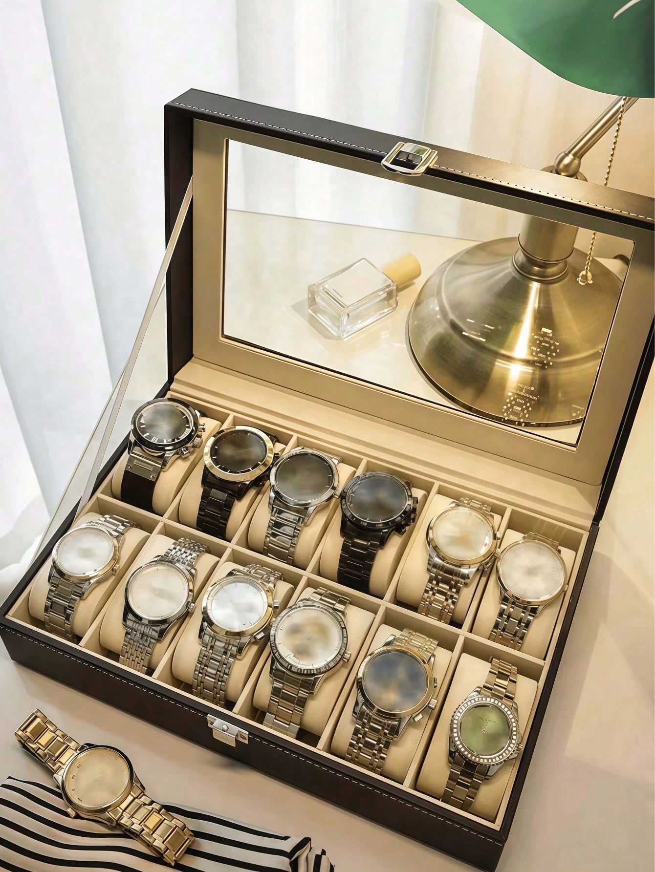 ロック付きレザー時計ボックス、大容量時計ディスプレイケース、 - Men'S Accessories Case のレビューと価格